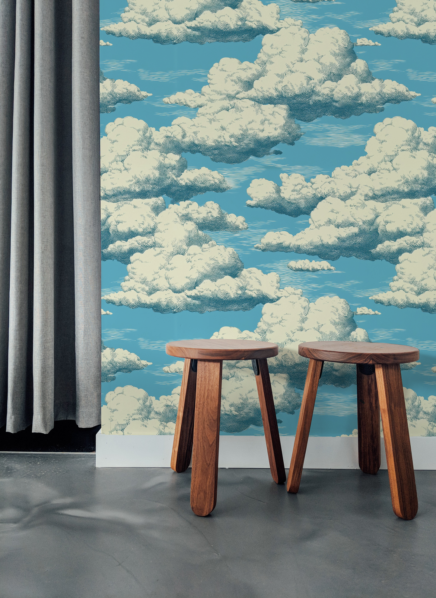 Vintage cloud sky wallpaper with fluffy white clouds drifting across a bright blue sky.