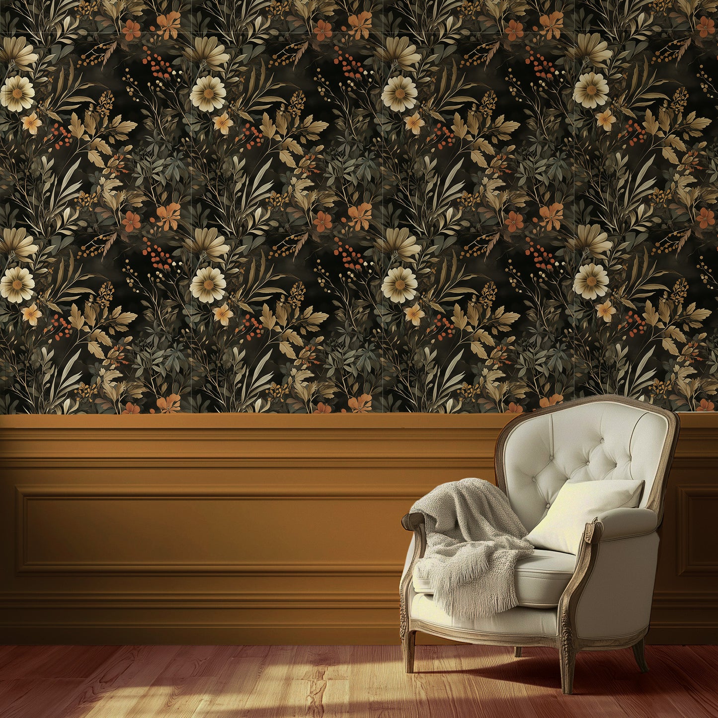 Dark floral wallpaper with golden leaves, orange berries, and warm-toned botanicals on a black background, perfect for romantic Cottagecore dining rooms and bedrooms