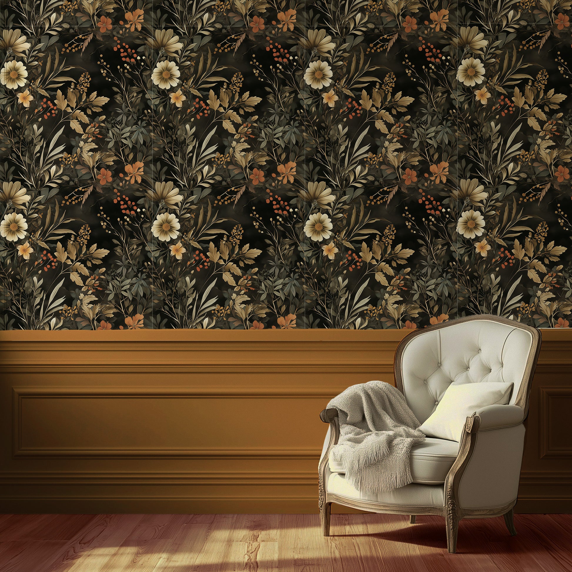 Dark floral wallpaper with golden leaves, orange berries, and warm-toned botanicals on a black background, perfect for romantic Cottagecore dining rooms and bedrooms