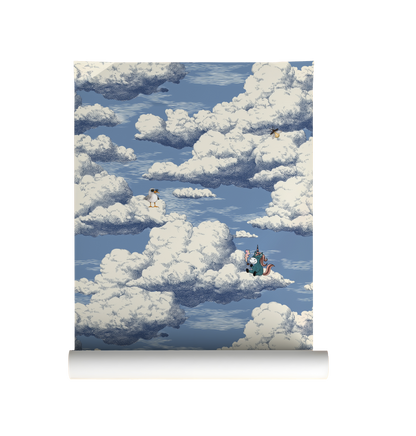Whimsical cloud wallpaper with a unicorn smoking a pipe and a small bird perched on clouds, vintage sky illustration, playful fantasy peel and stick wallpaper on roll