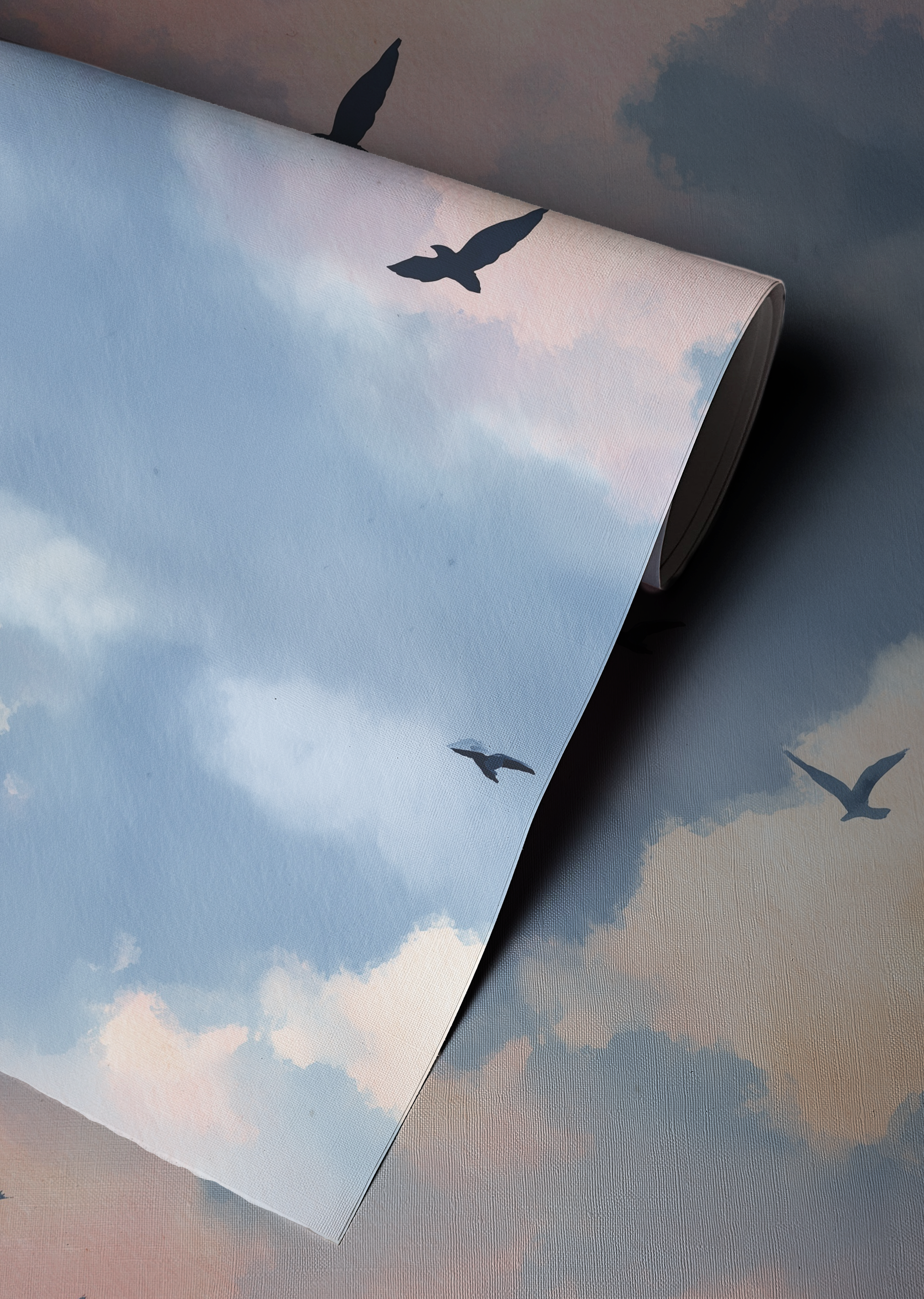 Dreamy evening sky wallpaper with soft blue and peach clouds and flying birds Up close 