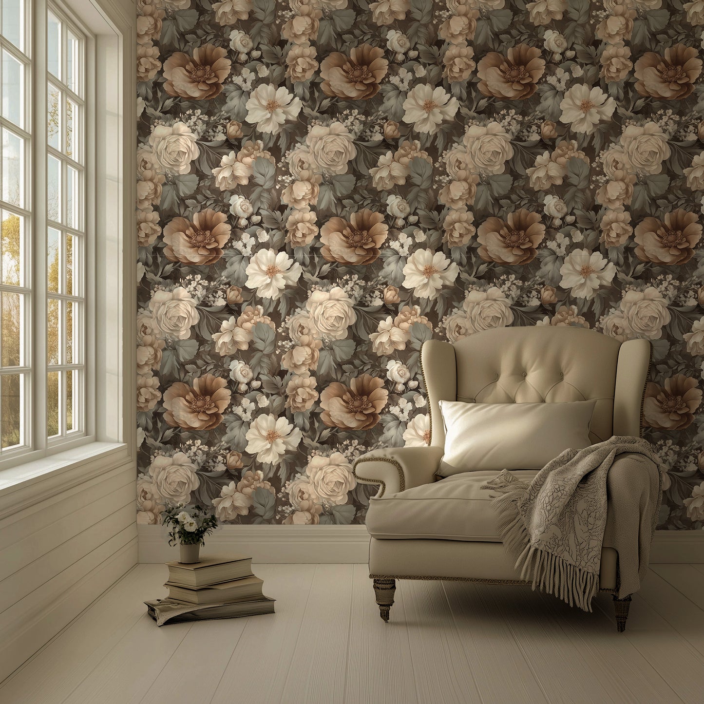 Peel and stick wallpaper with neutral florals in cream, almond, and sepia on a brown background for romantic vintage interiors
