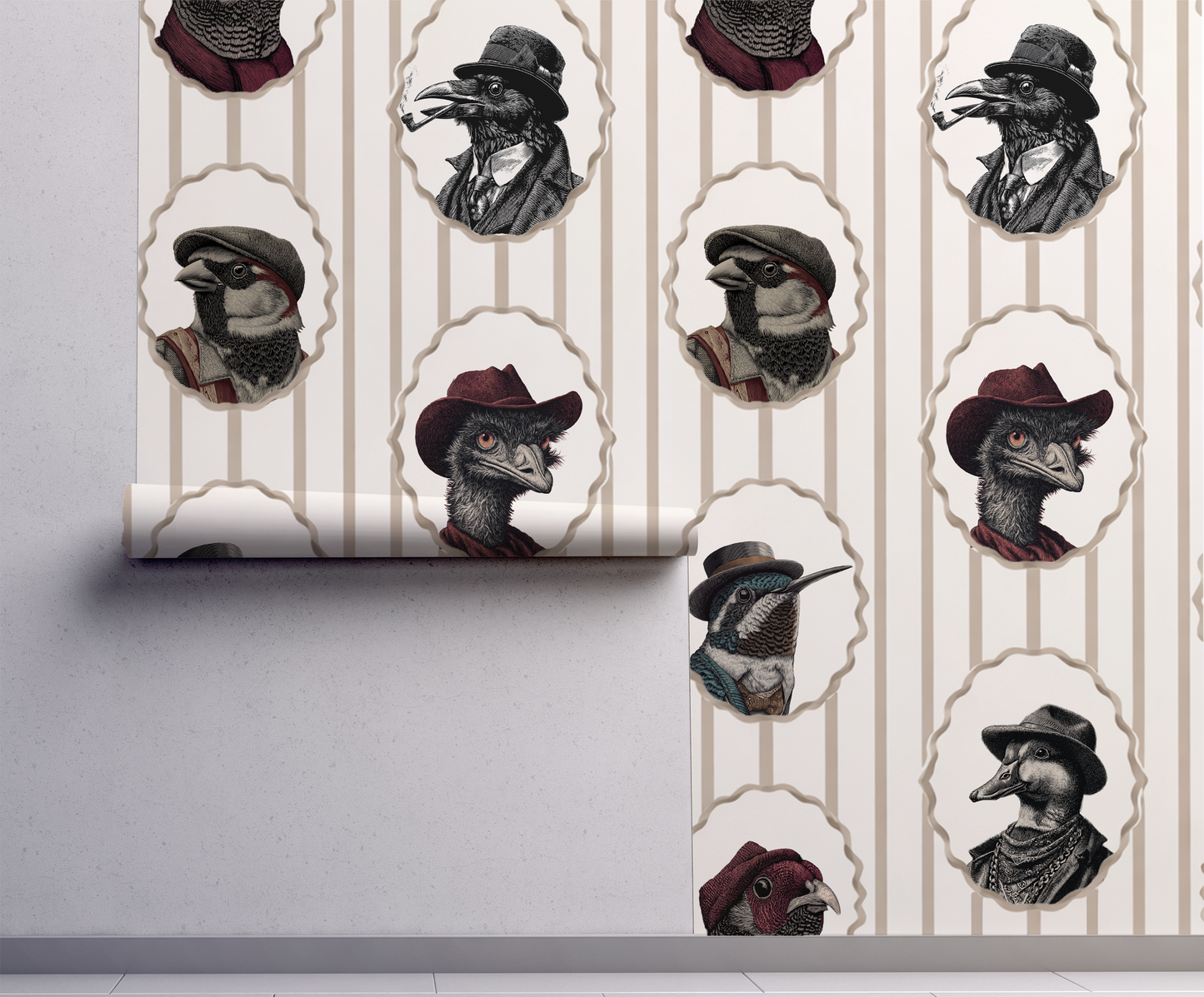 Vintage bird portrait wallpaper with animals in hats, striped background, whimsical cottagecore bird wall decor peel and stick in living room