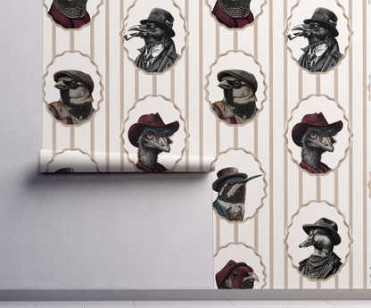 Vintage bird portrait wallpaper with animals in hats, striped background, whimsical cottagecore bird wall decor peel and stick in living room