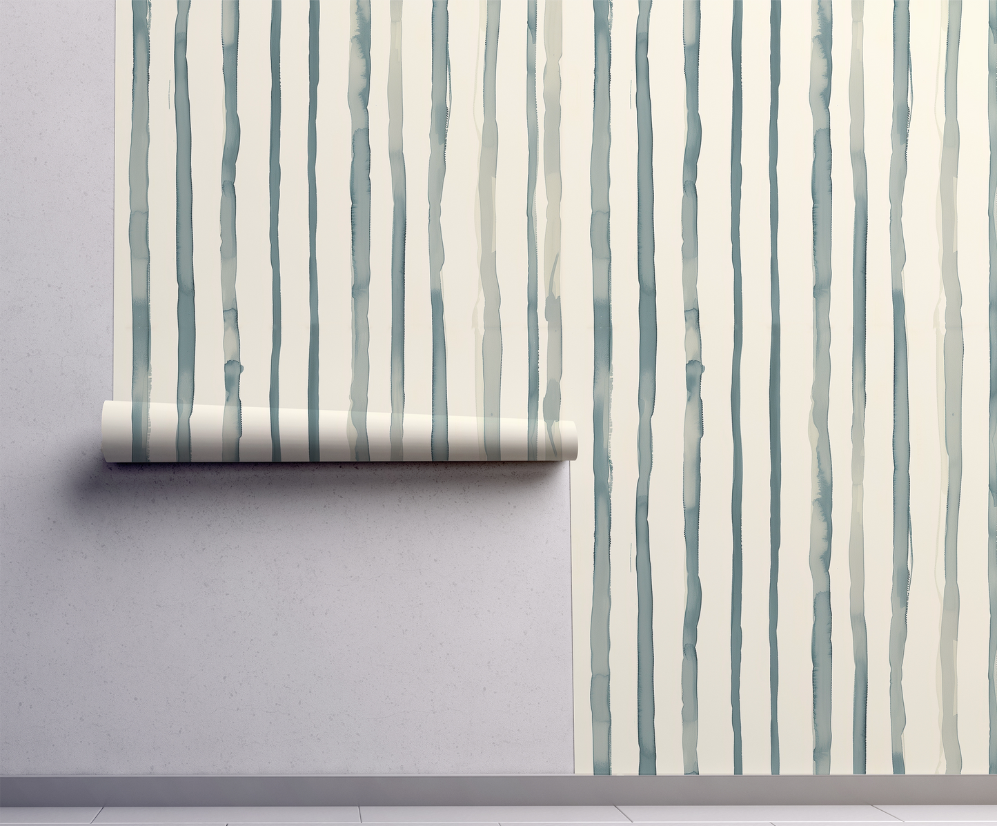 Soft watercolor stripe wallpaper with vertical blue green stripes on a warm neutral background on wall
