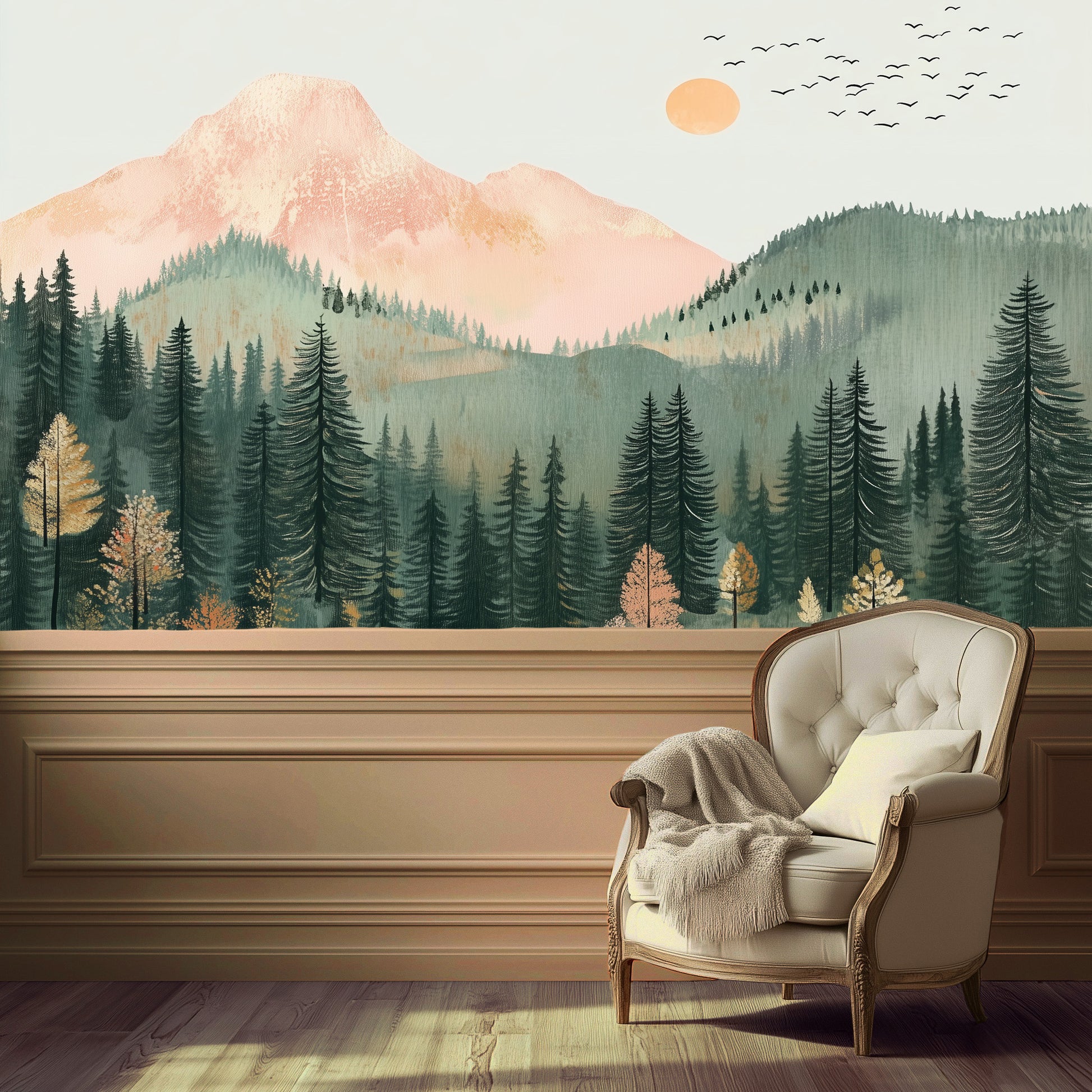 Peel-and-stick wallpaper featuring a scenic pine forest and mountains, with a sun and birds motif; displayed in a room setting with a classic armchair in the foreground.