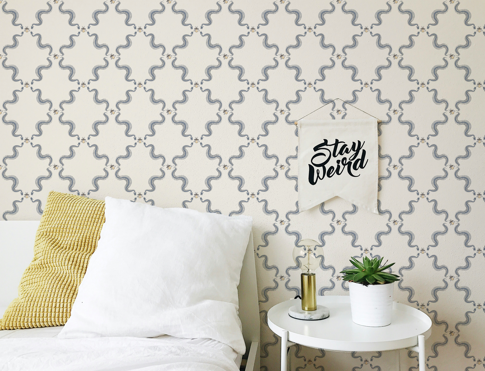 Snake skeleton wallpaper with repeating skeletal serpents and small bees, vintage peel and stick wallpaper pattern in bedroom