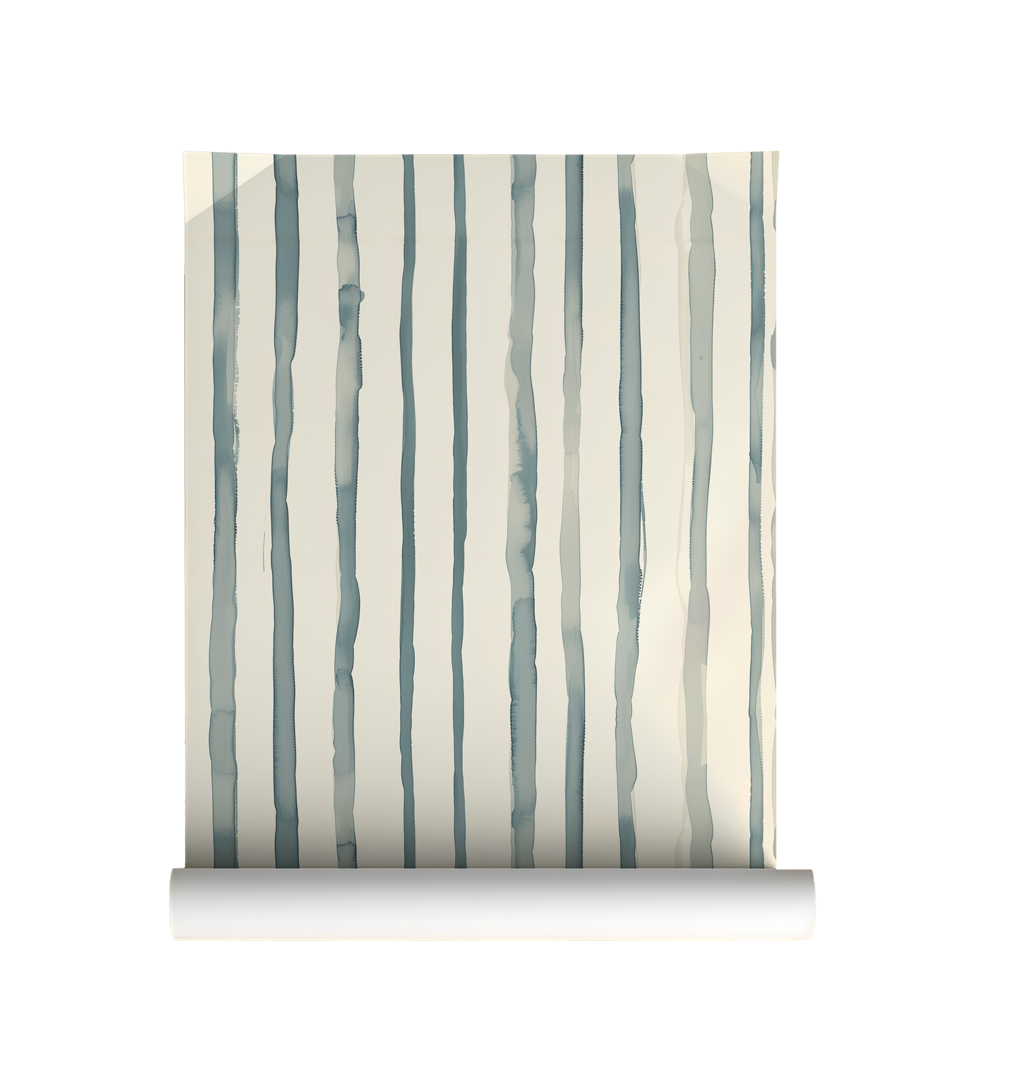 Soft watercolor stripe wallpaper roll with vertical blue green stripes on a warm neutral background.