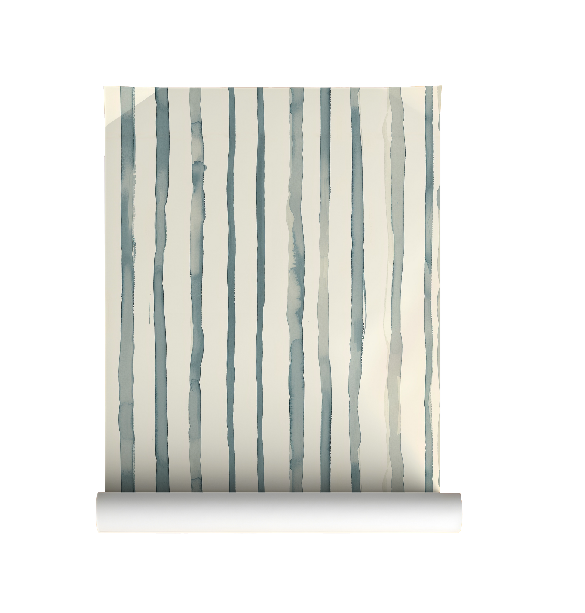 Soft watercolor stripe wallpaper roll with vertical blue green stripes on a warm neutral background.