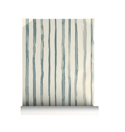 Soft watercolor stripe wallpaper roll with vertical blue green stripes on a warm neutral background.