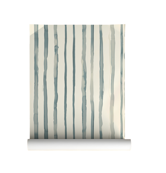 Soft watercolor stripe wallpaper roll with vertical blue green stripes on a warm neutral background.