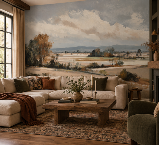 A large wall mural depicting a pastoral landscape with rolling fields, trees, and distant mountains, shown in a styled living room setting with a sectional sofa, wooden coffee table, and rug.