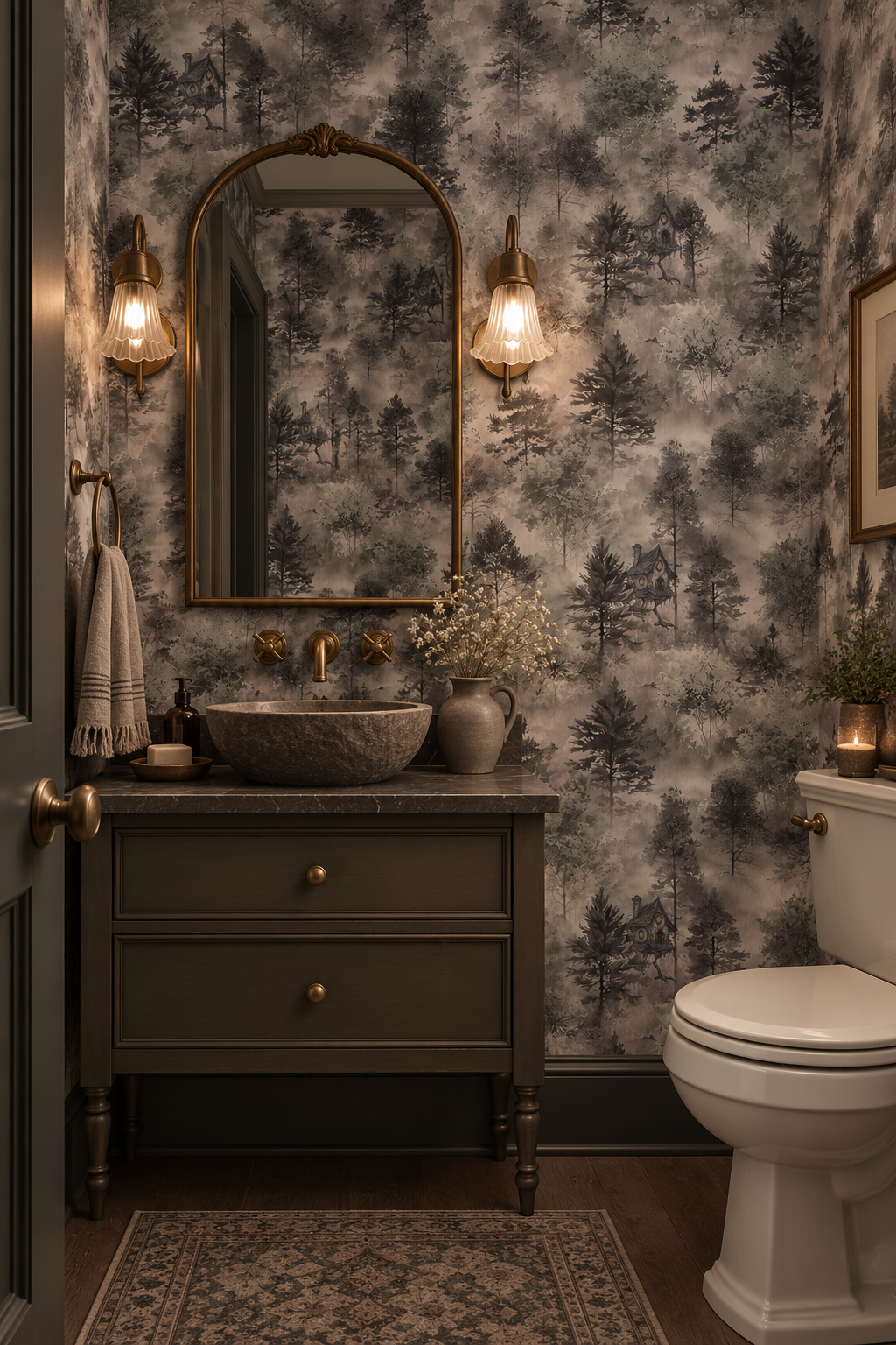 Baba Yaga woodland wallpaper featuring a cottage on chicken legs hidden among misty sage green and grey forest trees o=in powder room
