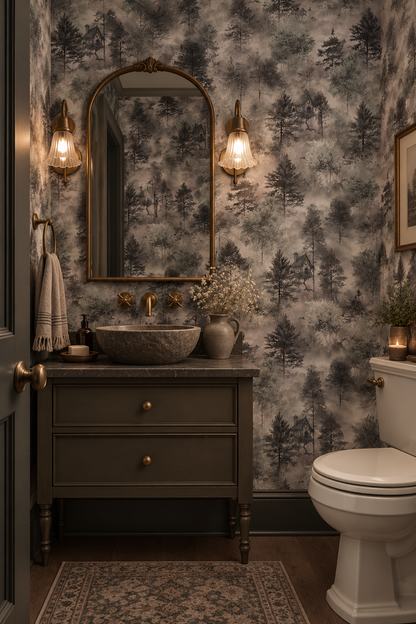 Baba Yaga woodland wallpaper featuring a cottage on chicken legs hidden among misty sage green and grey forest trees o=in powder room
