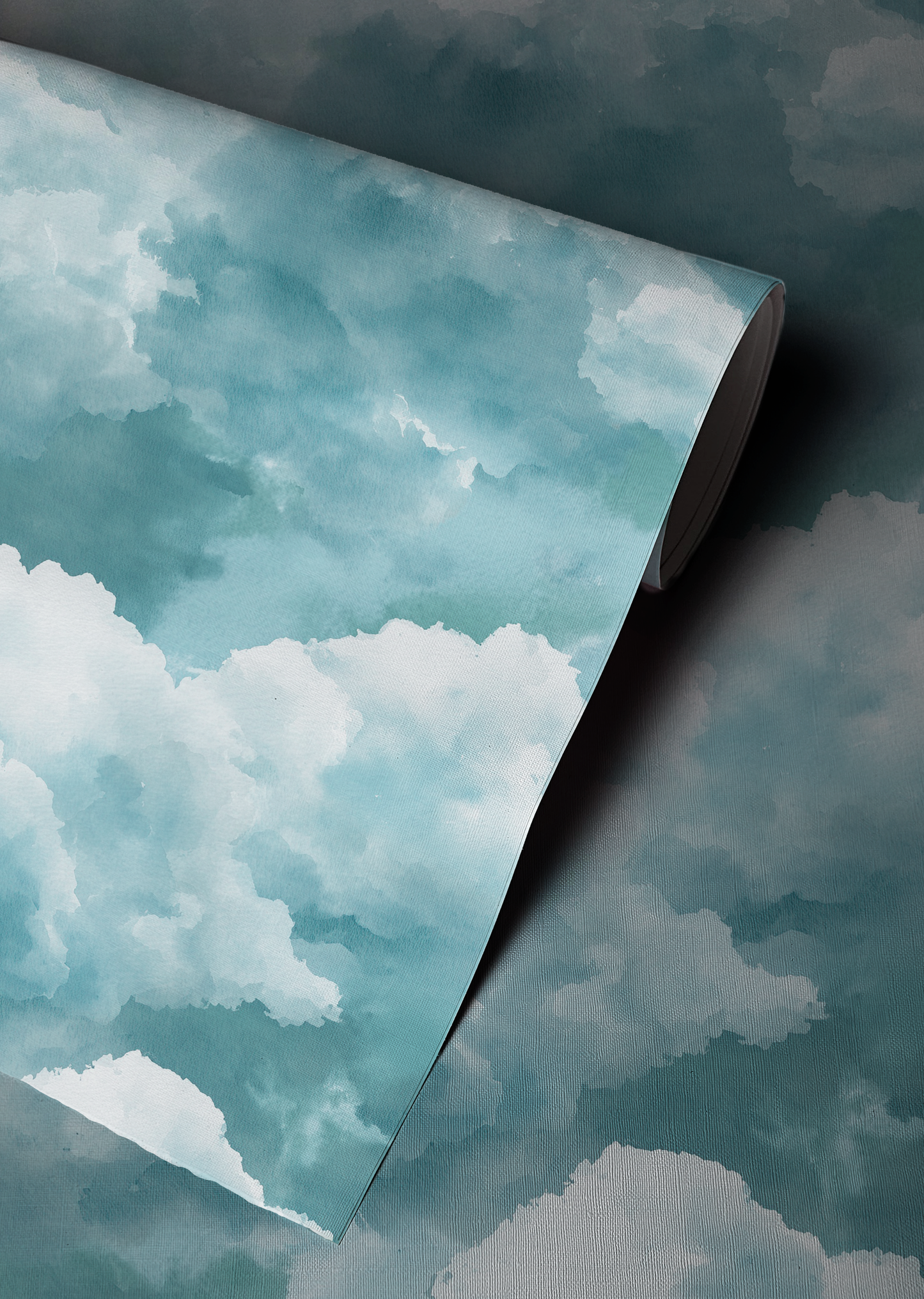 Soft blue cloud wallpaper with dreamy painted clouds in a misty sky pattern up close 