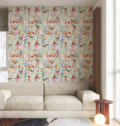 Retro pin up girl wallpaper featuring colorful watercolor wildflowers and vintage pin up illustrations on a bright white background.
