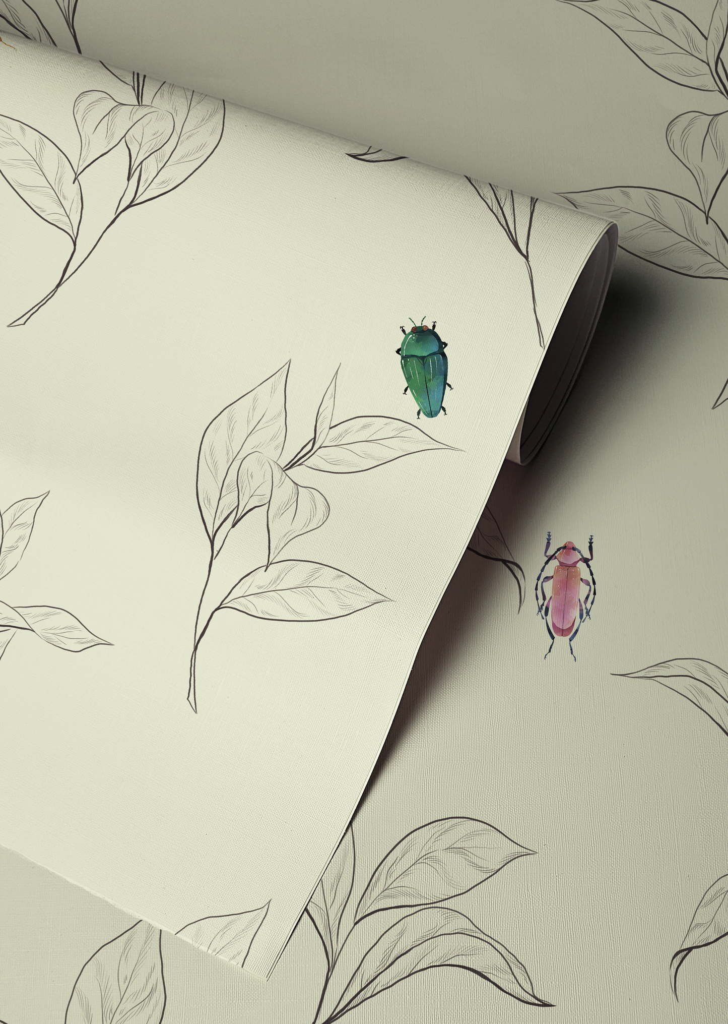 Vintage beetle wallpaper featuring colorful illustrated beetles scattered among delicate hand-drawn botanical leaves on a warm cream background, peel and stick wallpaper for cottagecore and nature-inspired interiors.