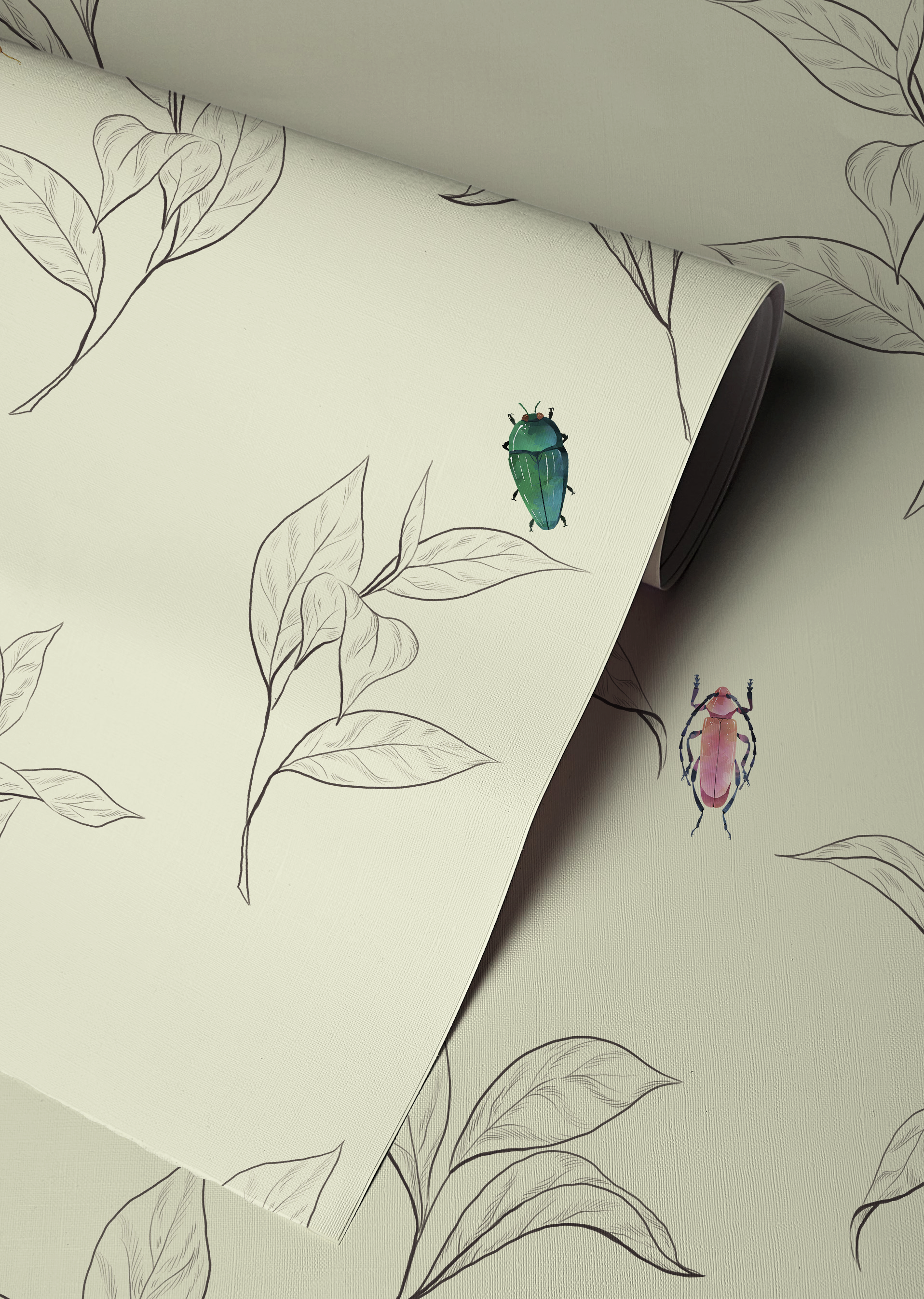 Vintage beetle wallpaper featuring colorful illustrated beetles scattered among delicate hand-drawn botanical leaves on a warm cream background, peel and stick wallpaper for cottagecore and nature-inspired interiors.