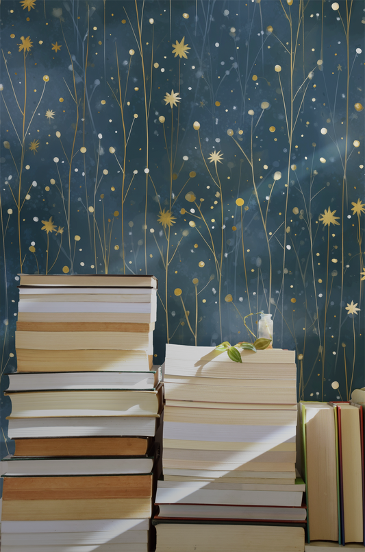 Dark starry meadow wallpaper with delicate wildflower stems and golden stars on a deep blue background on wall