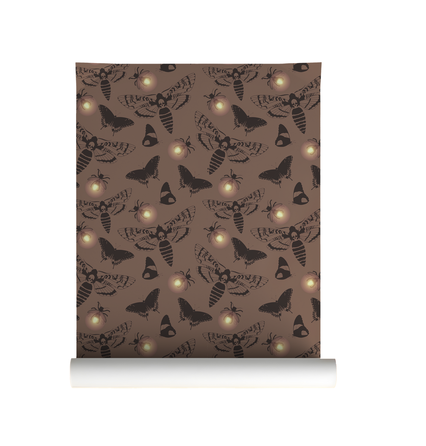 Dark cottagecore wallpaper featuring vintage death's head moths, butterflies, and glowing fireflies on a warm taupe background with peel and stick installation on a roll