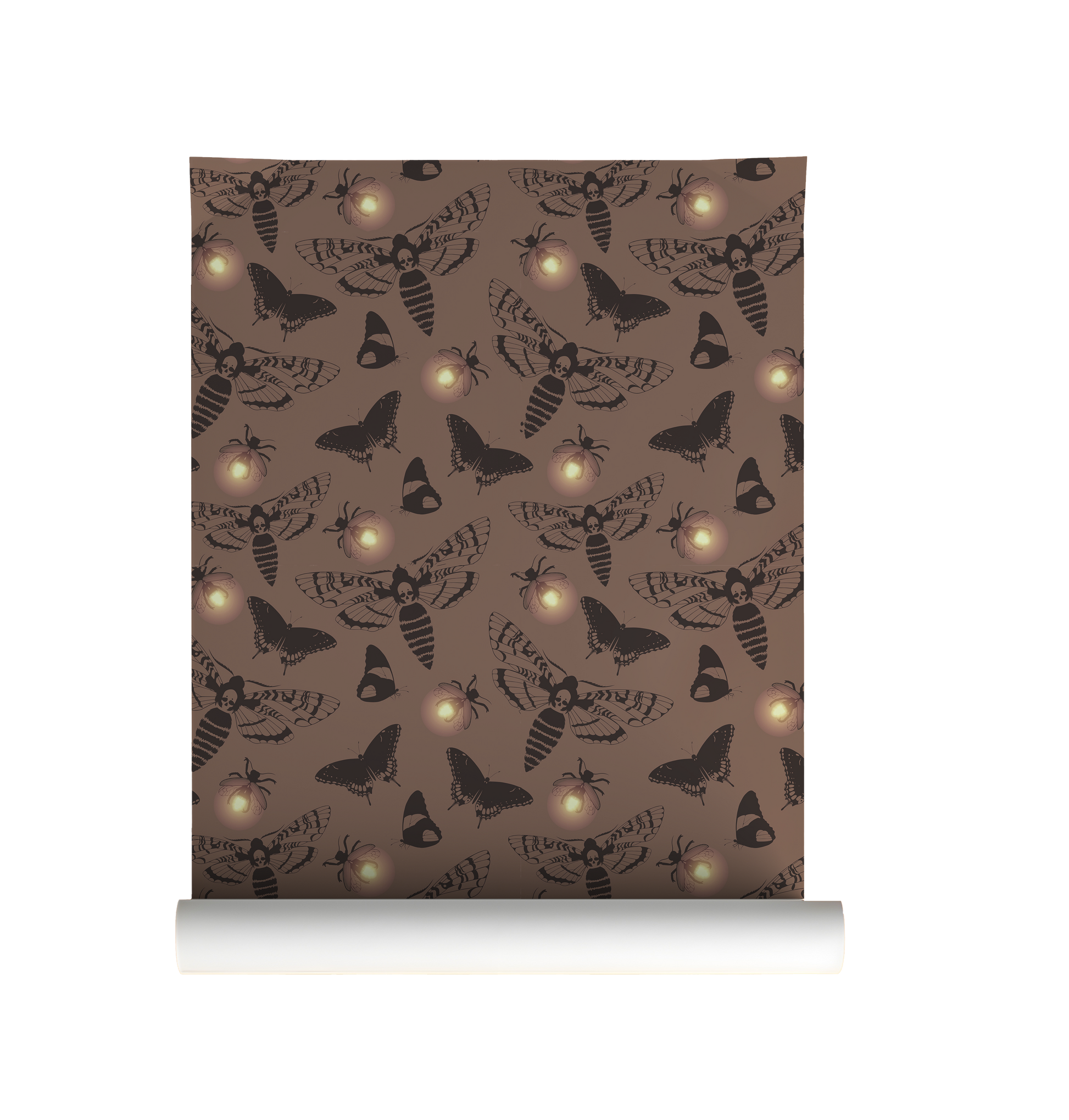Dark cottagecore wallpaper featuring vintage death's head moths, butterflies, and glowing fireflies on a warm taupe background with peel and stick installation on a roll