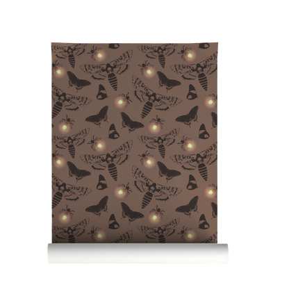 Dark cottagecore wallpaper featuring vintage death's head moths, butterflies, and glowing fireflies on a warm taupe background with peel and stick installation on a roll