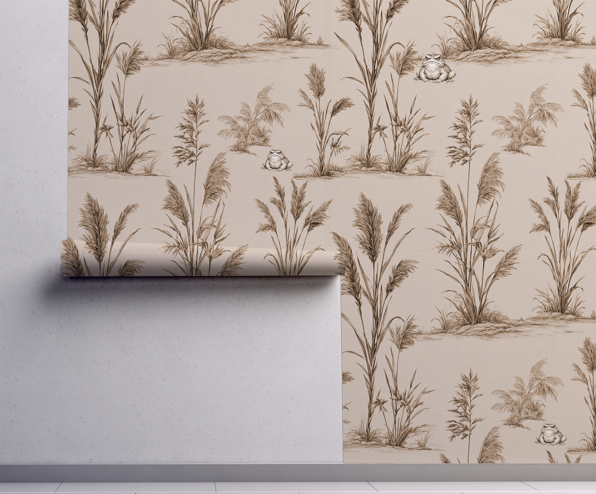 Vintage toad wallpaper with botanical reeds and grasses, sepia nature illustration, moody cottagecore wall design with whimsical frog on wall
