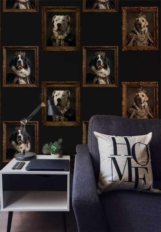 Dark vintage dog portrait wallpaper with regal dogs in ornate frames, moody black background, royal animal gallery wall peel and stick wallpaper on wall