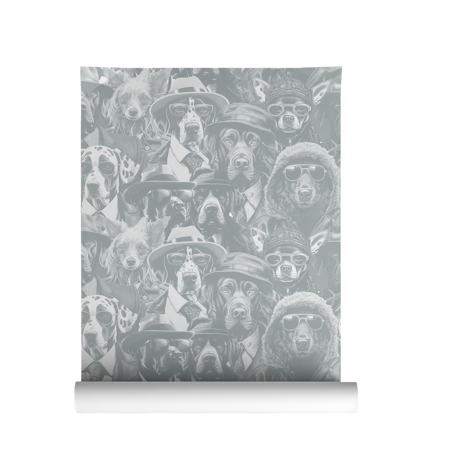 Moody wallpaper featuring a dense collage of stylish dogs in hats, glasses, and coats, illustrated in soft tones with a vintage portrait feel on grey roll