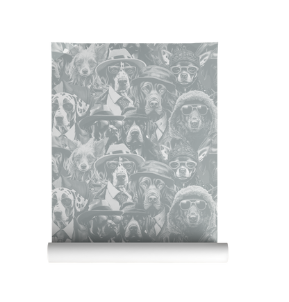 Moody wallpaper featuring a dense collage of stylish dogs in hats, glasses, and coats, illustrated in soft tones with a vintage portrait feel on grey roll