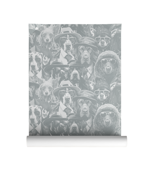 Moody wallpaper featuring a dense collage of stylish dogs in hats, glasses, and coats, illustrated in soft tones with a vintage portrait feel on grey roll