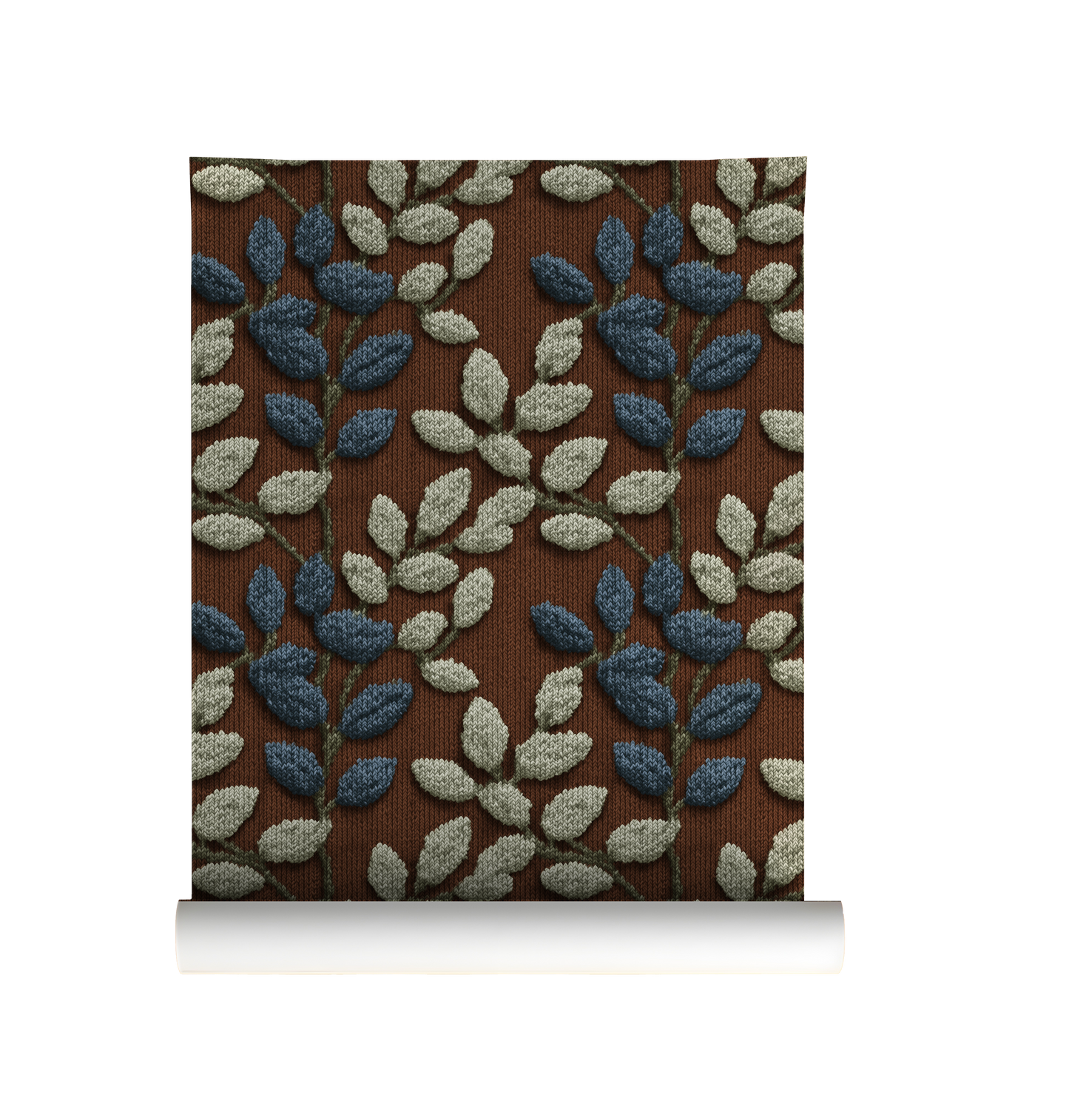 Textured botanical leaf wallpaper with blue and sage leaves on a warm rust background On roll 