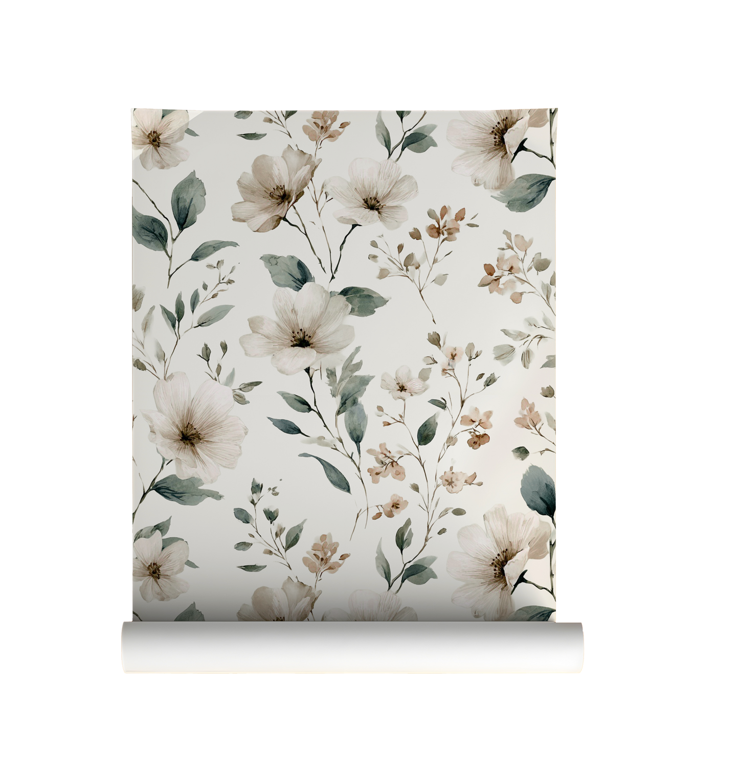 Neutral wildflower floral wallpaper with beige flowers and soft green leaves, vintage botanical peel and stick wallpaper roll
