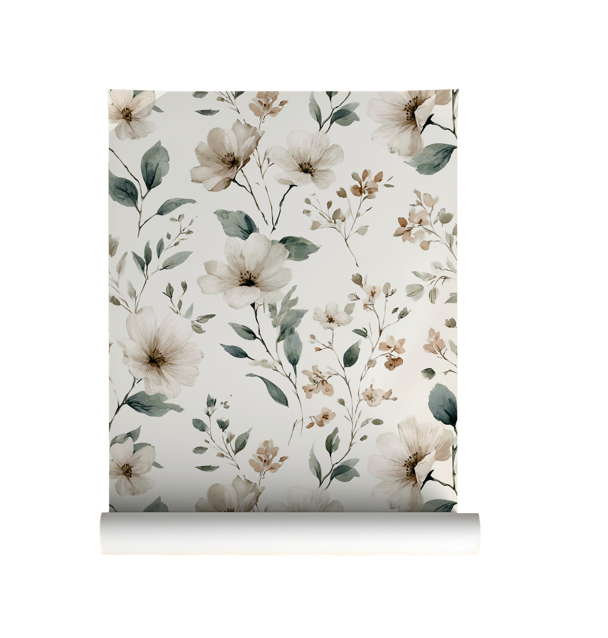 Neutral wildflower floral wallpaper with beige flowers and soft green leaves, vintage botanical peel and stick wallpaper roll