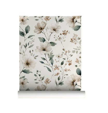 Neutral wildflower floral wallpaper with beige flowers and soft green leaves, vintage botanical peel and stick wallpaper roll
