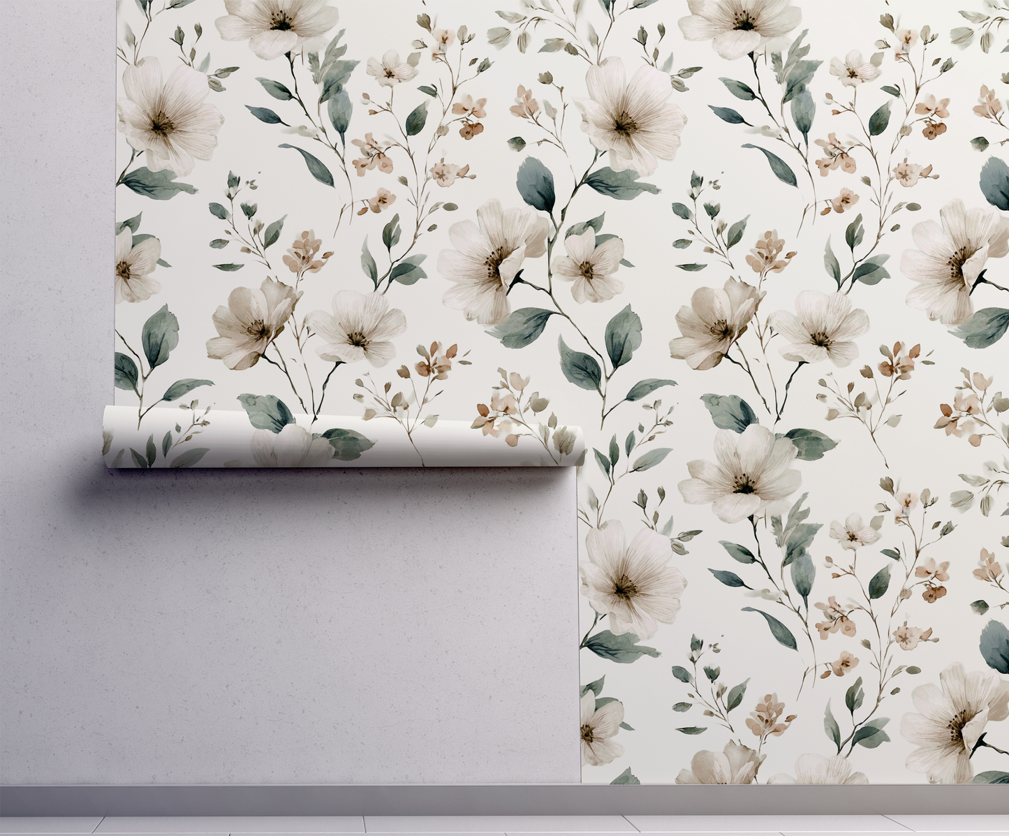 Neutral wildflower floral wallpaper with beige flowers and soft green leaves, vintage botanical peel and stick wallpaper on wall