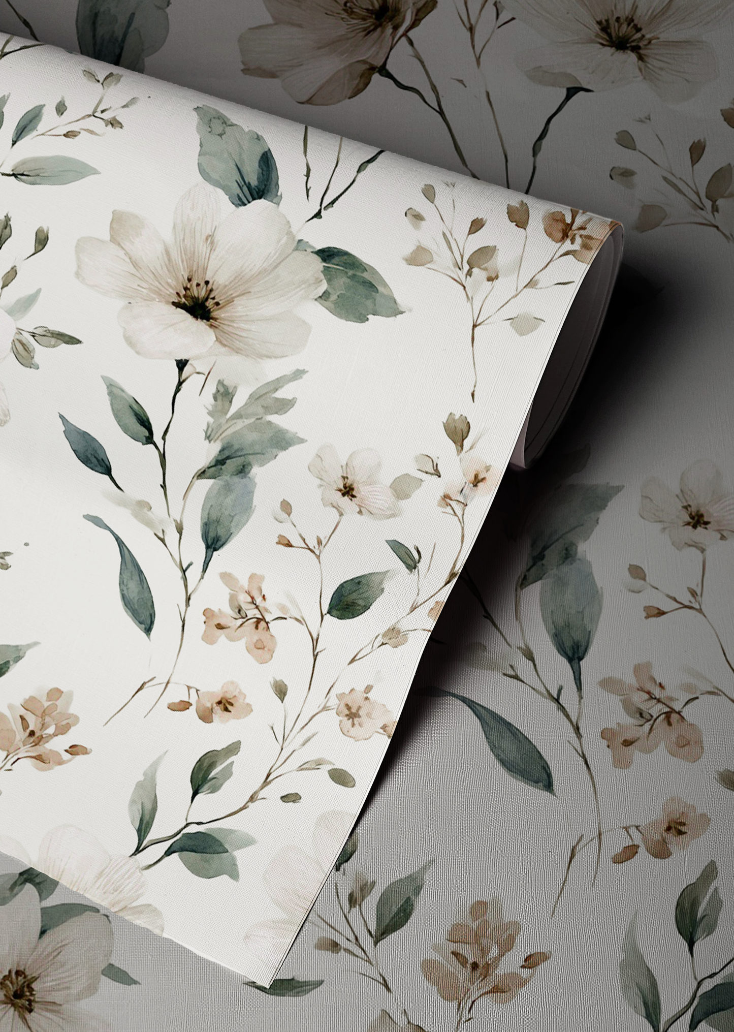 Neutral wildflower floral wallpaper with beige flowers and soft green leaves, vintage botanical peel and stick wallpaper up close