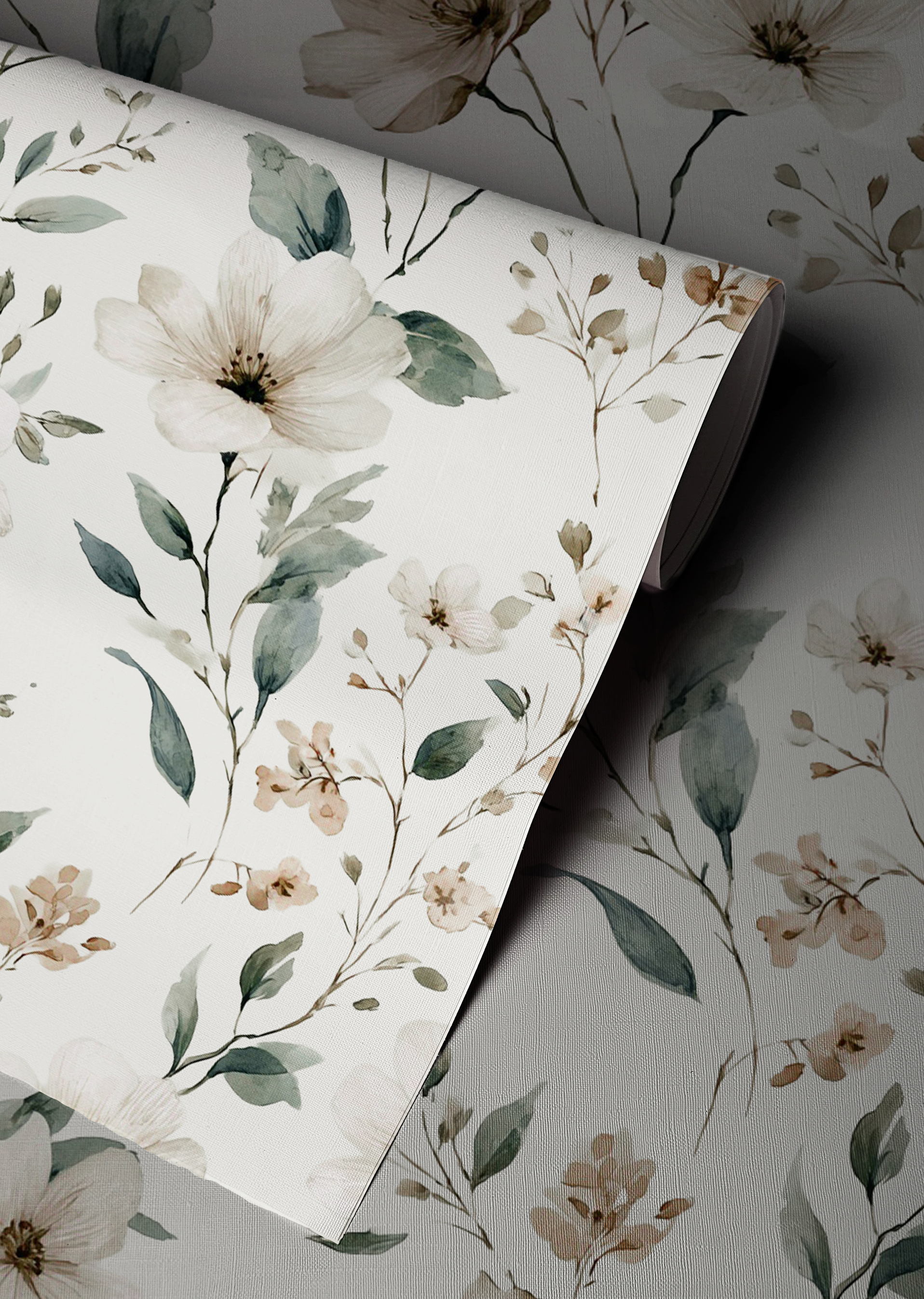 Neutral wildflower floral wallpaper with beige flowers and soft green leaves, vintage botanical peel and stick wallpaper up close