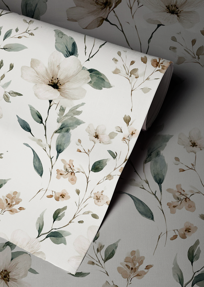 Neutral wildflower floral wallpaper with beige flowers and soft green leaves, vintage botanical peel and stick wallpaper up close