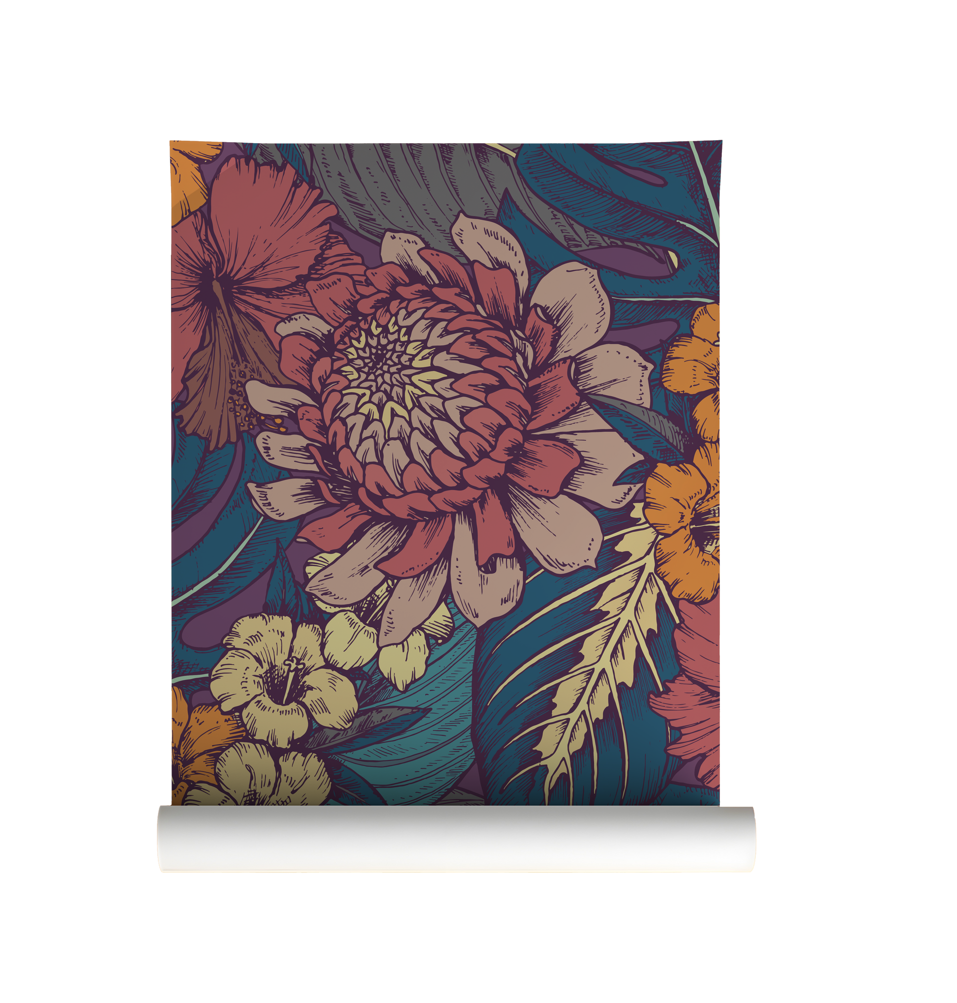 Moody chrysanthemum floral wallpaper with vintage botanical flowers in coral, mustard, and teal, dark cottagecore peel and stick wallpaper Roll.