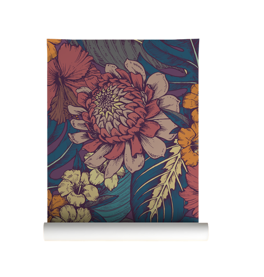Moody chrysanthemum floral wallpaper with vintage botanical flowers in coral, mustard, and teal, dark cottagecore peel and stick wallpaper Roll.