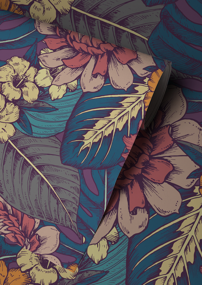 Close-up of Moody chrysanthemum floral wallpaper with vintage botanical flowers in coral, mustard, and teal, dark cottagecore peel and stick wallpaper