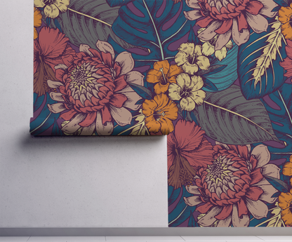 Moody chrysanthemum floral wallpaper with vintage botanical flowers in coral, mustard, and teal, dark cottagecore peel and stick wallpaper On wall