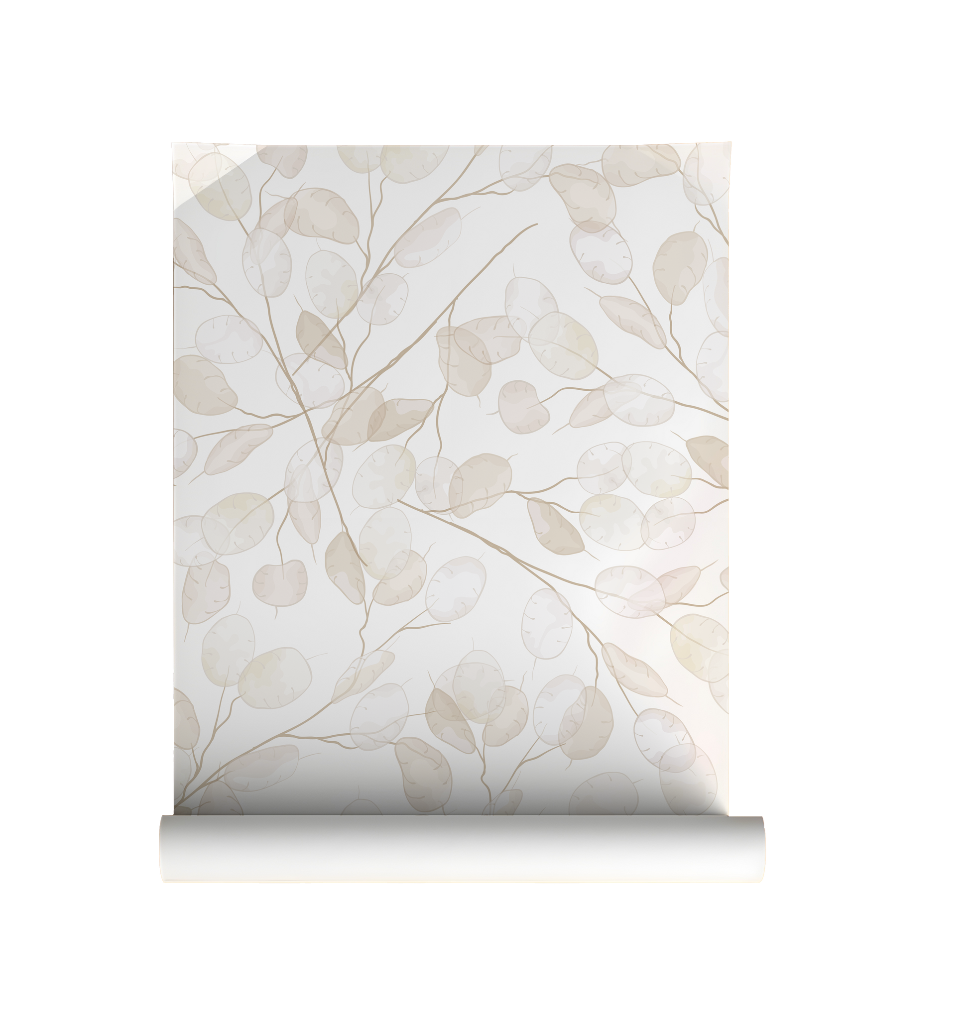 neutral botanical honesty leaves wallpaper roll  with delicate lunaria branches