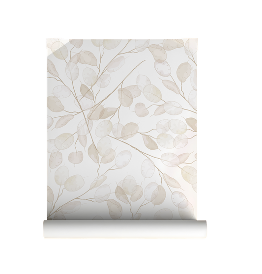 neutral botanical honesty leaves wallpaper roll  with delicate lunaria branches