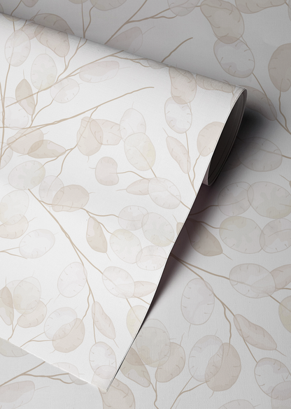 neutral botanical honesty leaves wallpaper with delicate lunaria branches close up