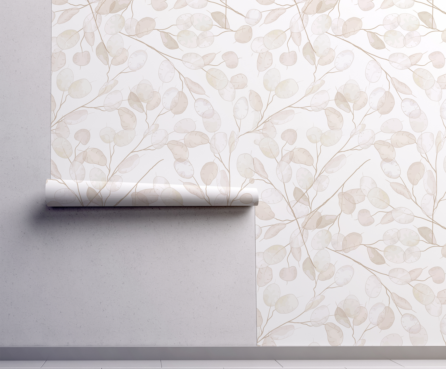 neutral botanical honesty leaves wallpaper with delicate lunaria branches