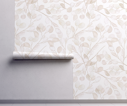 neutral botanical honesty leaves wallpaper with delicate lunaria branches