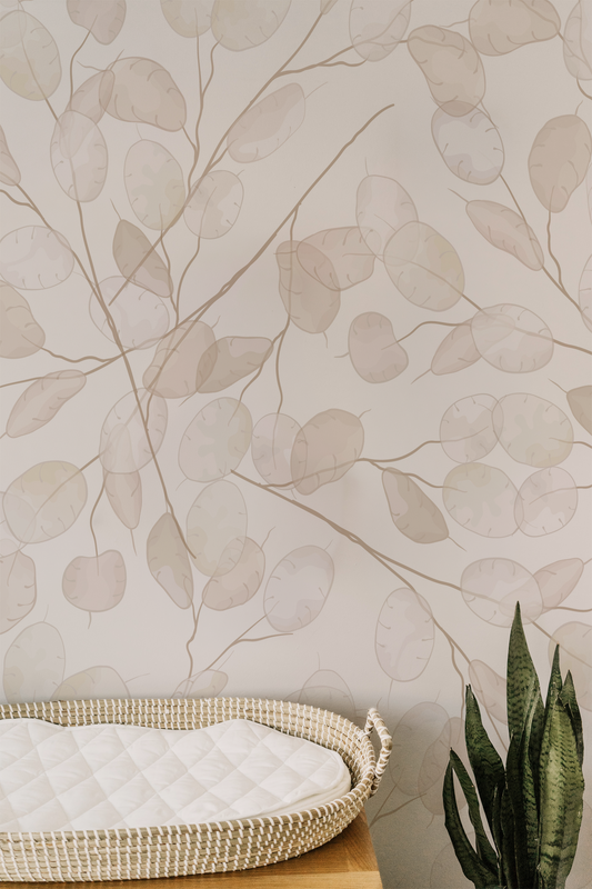 neutral botanical honesty leaves wallpaper with delicate lunaria branches interior 