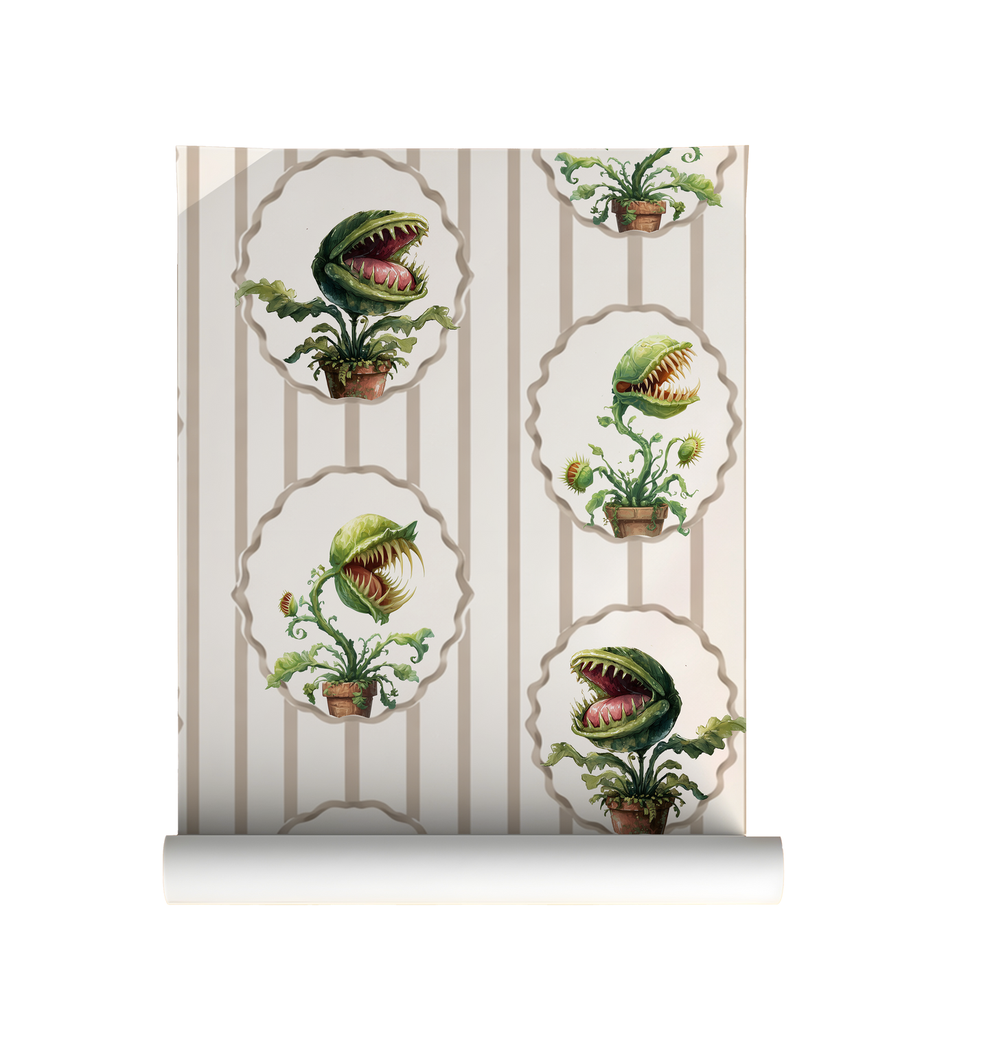 Peel-and-stick wallpaper sample featuring watercolor-style Venus flytraps in scalloped frames over soft beige vertical stripes on a cream background on roll